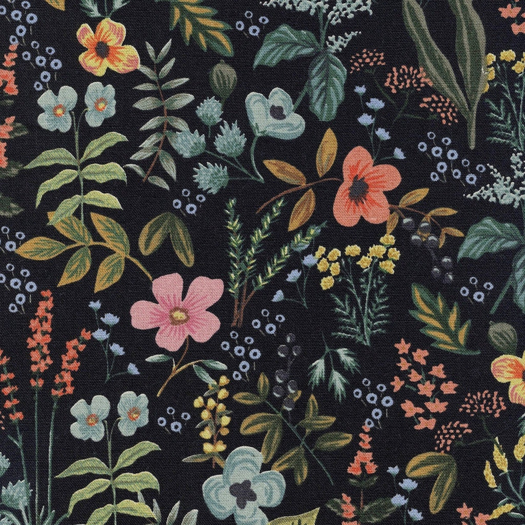 Wildflower Field-black CANVAS Fabric, Rifle Paper Co. Cotton Linen
